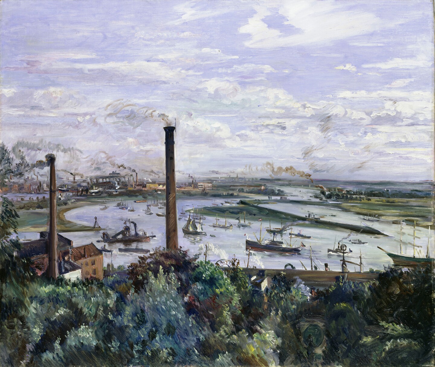 Gemälde von Industriehafenlandschaft mit Schornsteinen und Schiffen unter bewölktem Himmel