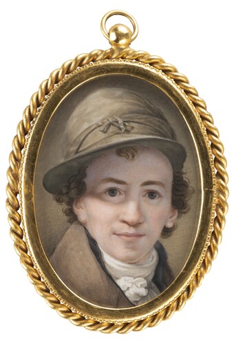 Ovales Medaillon mit goldenem Rahmen, Portrait eines jungen Herrn mit Hut im historischen Stil