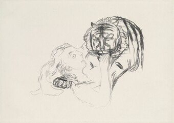 Lithografie einer liegenden Frau mit einem Tiger, der sich über sie beugt und ihre Hand im Maul hält