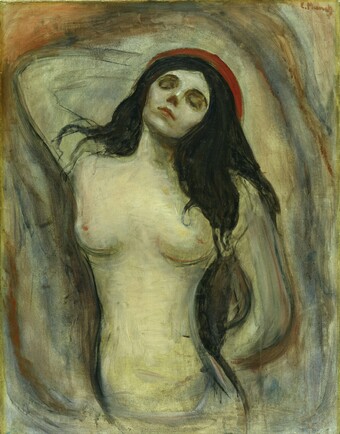 Expressionistisches Gemälde einer nackten Frau mit langen dunklen Haaren und Heiligenschein