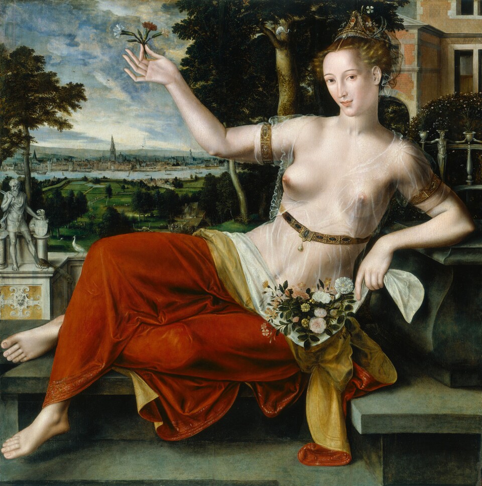 Gemälde einer sitzenden Frau in antikem Gewand mit Blumen im Haar und in der Hand vor Landschaftskulisse
