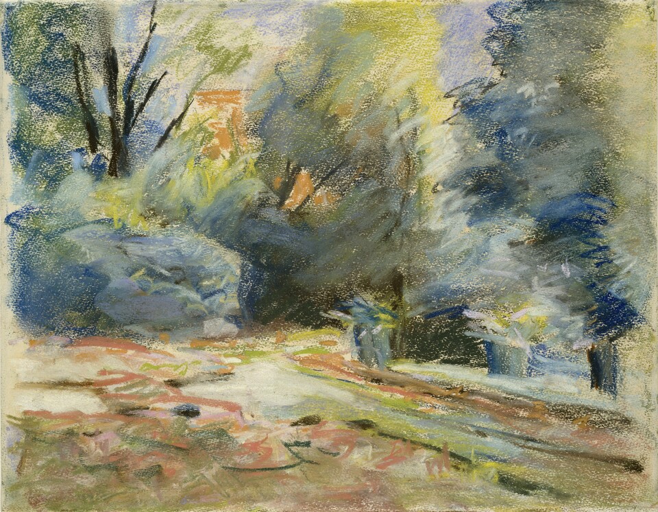 Aquarellmalerei einer sonnendurchfluteten Waldlichtung mit Bäumen und einem Weg