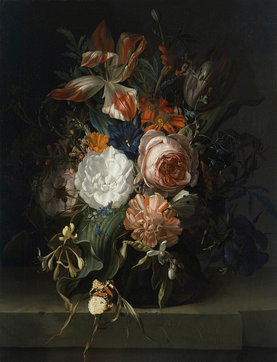 Stillleben mit Blumenstrauß in dunkler Vase auf Steinsims, Barockmalerei