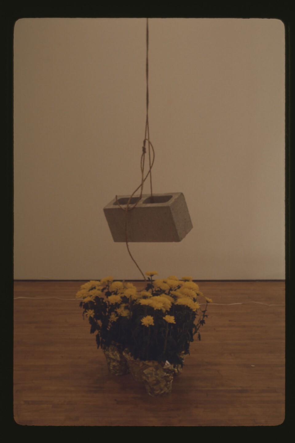Bas Jan Ader (1942–1975) Light vulnerable objects threatened by eight cement bricks [Detail], 1970 Installation dokumentiert durch 14 35-mm-Dias mit Kugelschreiberbeschriftung sowie digitalisiertes 16- mm-Filmmaterial; Acht Gegenstände, Seil und Zementschlackenblöcke © The Estate of Bas Jan Ader / Mary Sue Ader Andersen / VG Bild-Kunst, Bonn 2025. Courtesy of Meliksetian | Briggs, Dallas
