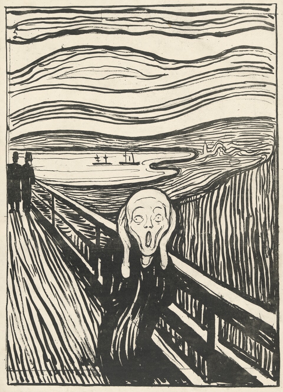 Druck einer Person, die sich die Hände ans Gesicht hält und auf einer Brücke schreit