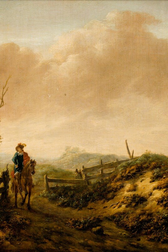 Reiter auf einem Hügel bei nebligem Sonnenaufgang, Ölgemälde im klassischen Stil