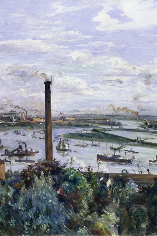 Gemälde von Industriehafenlandschaft mit Schornsteinen und Schiffen unter bewölktem Himmel