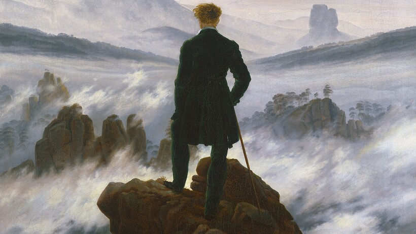 Gemälde eines Mannes in dunklem Anzug, der auf Felsen über einem Nebelmeer steht und auf Berge blickt
