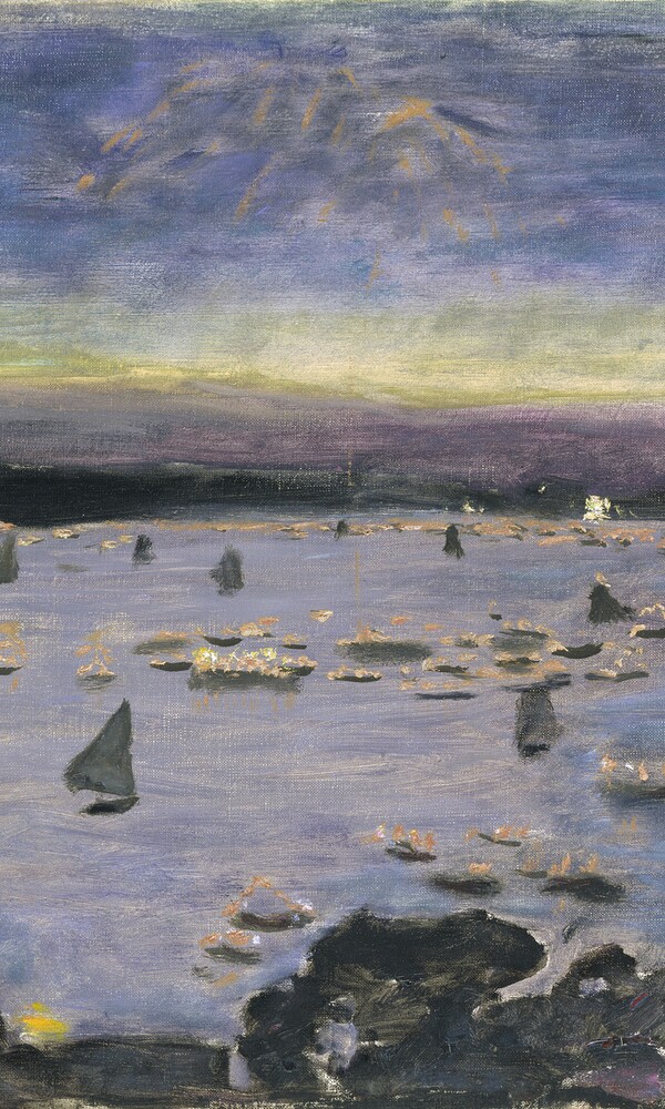 Impressionistisches Gemälde der Außenalster mit beleuchteten Segelbooten bei Dämmerung